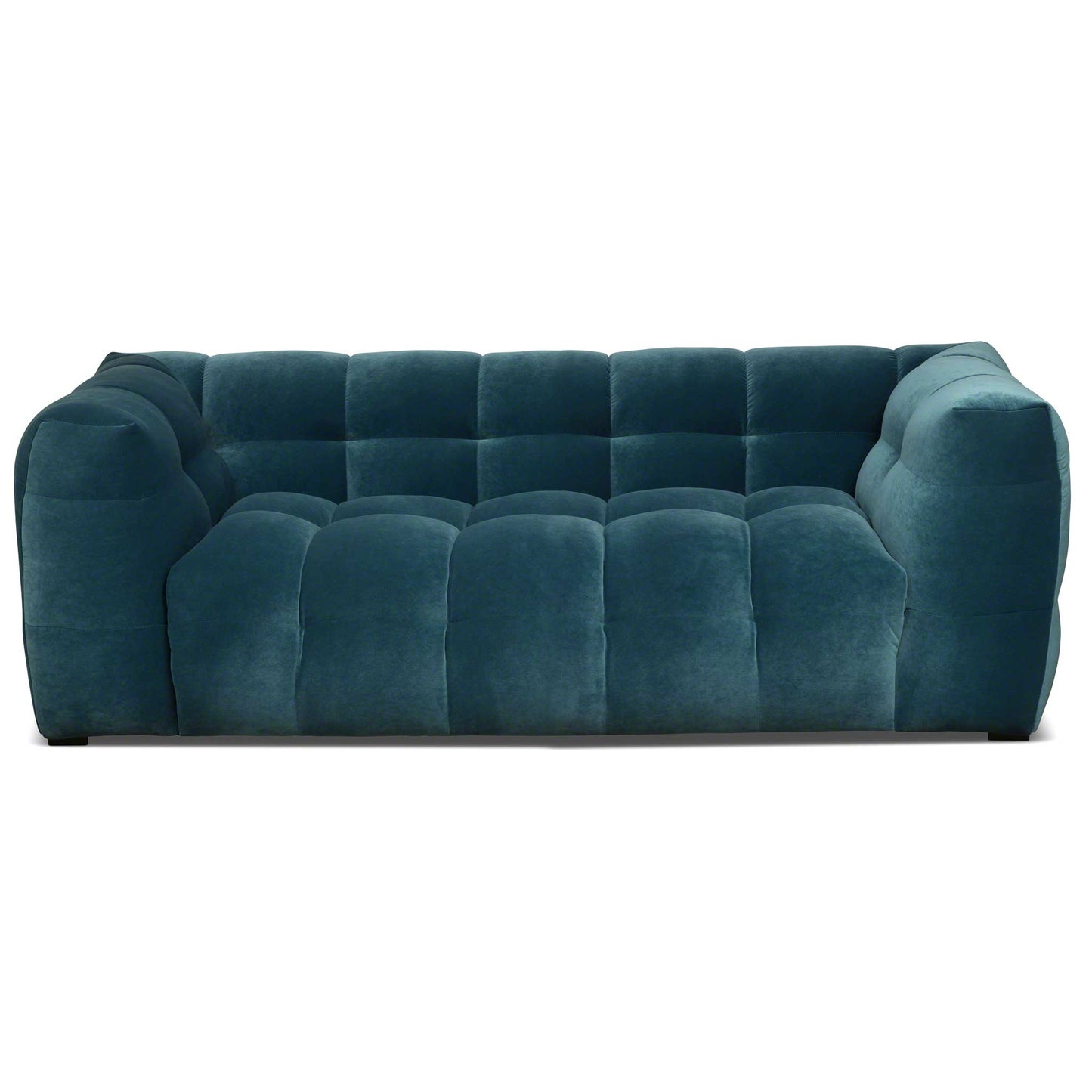 Liten 2-sits designsoffa i petrolfärgad sammet med bubbligt formspråk.