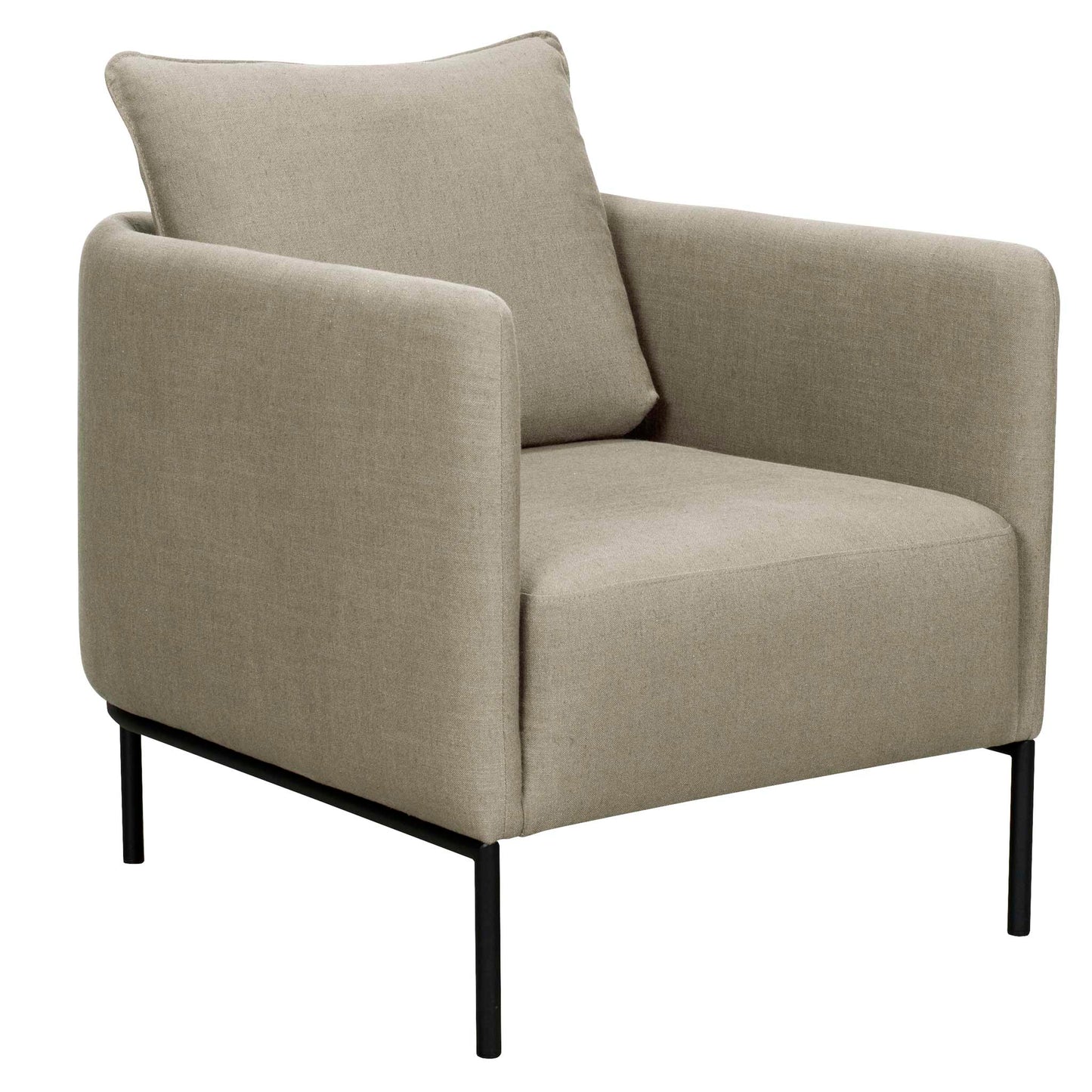 Beige nätt liten fåtölj i tyg med runda kanter