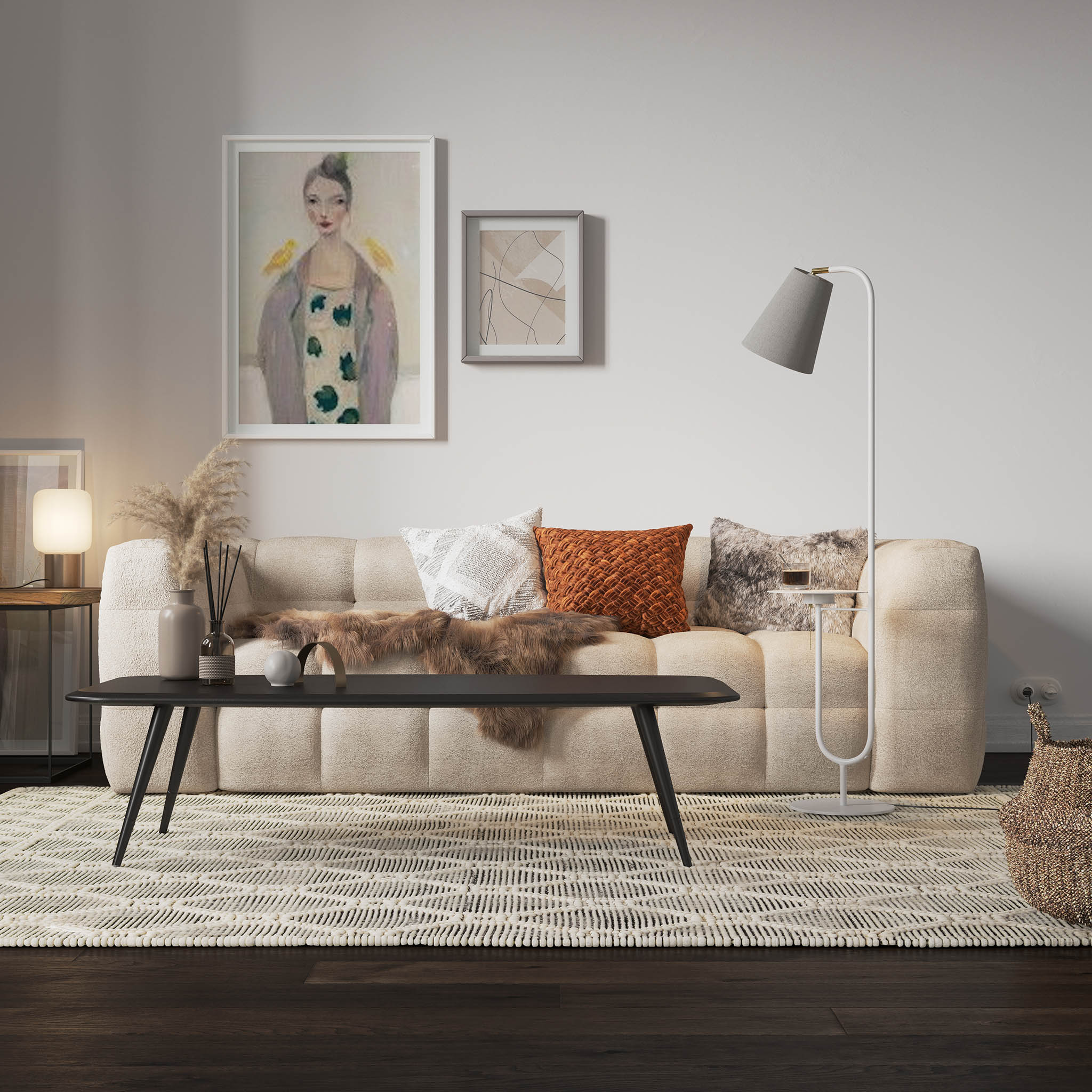 Vit 3-sits teddypäls soffa med 50-tals design