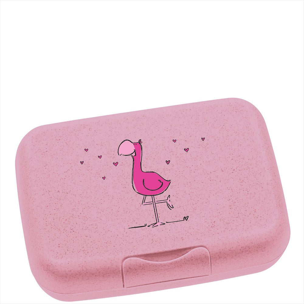 Snygg röd matlåda för barn med en handmålad flamingo på locket