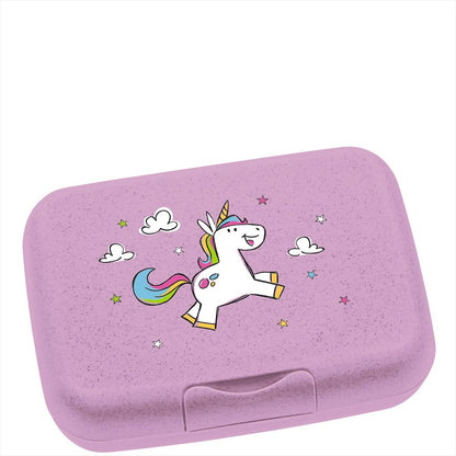 Snygg rosa matlåda för barn med en handmålad enhörning på locket