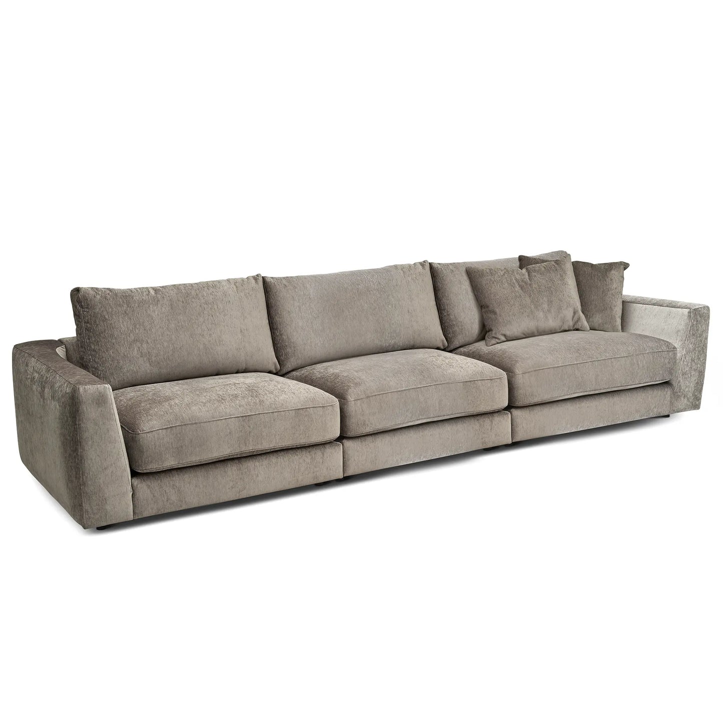 En stor 5-sits soffa i khakibrun färg som kan byggas ut till större eller mindre soffa