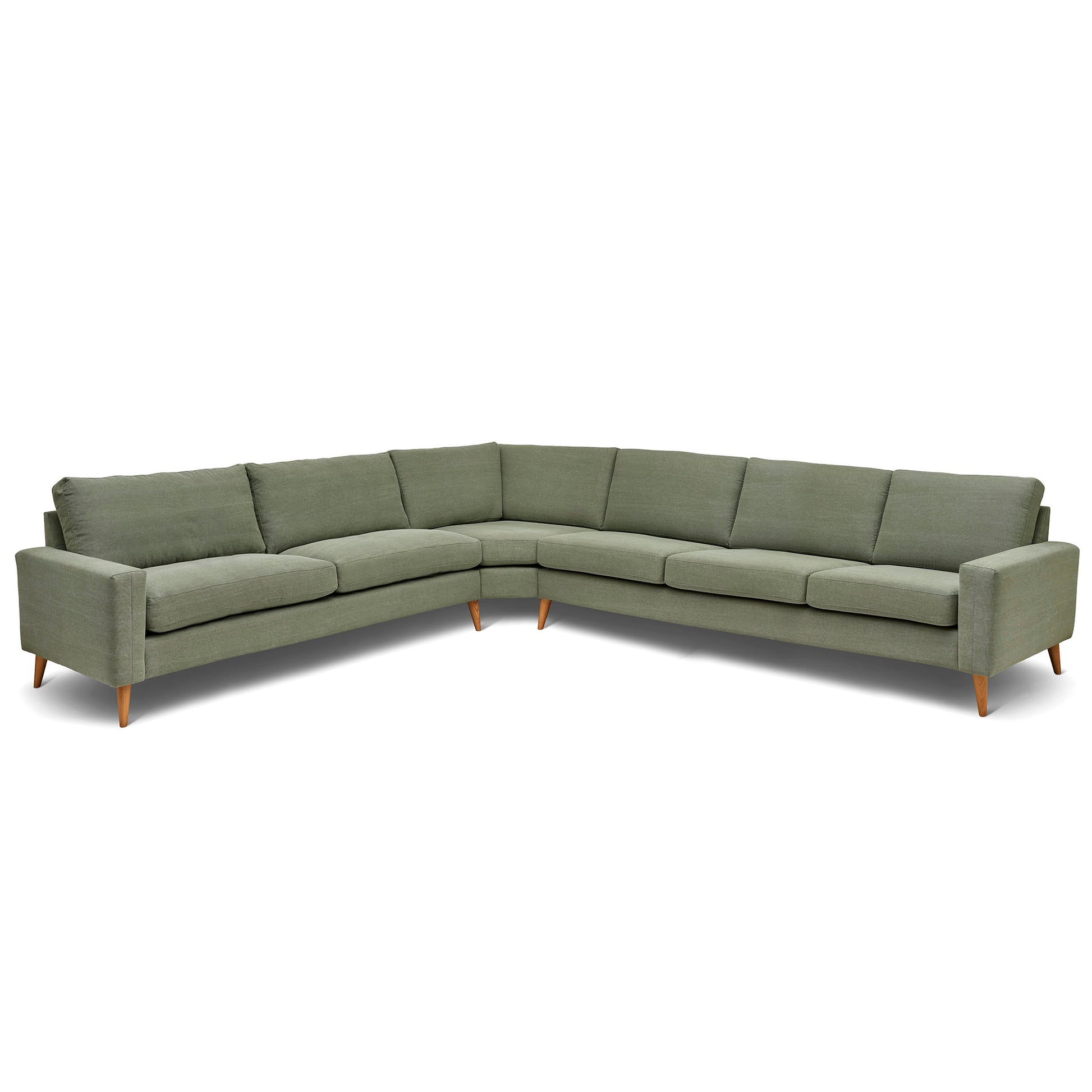 Stor rektangulär hörnsoffa med måttet 321x360 cm. Sittvänlig soffa för äldre i grågrönt tyg