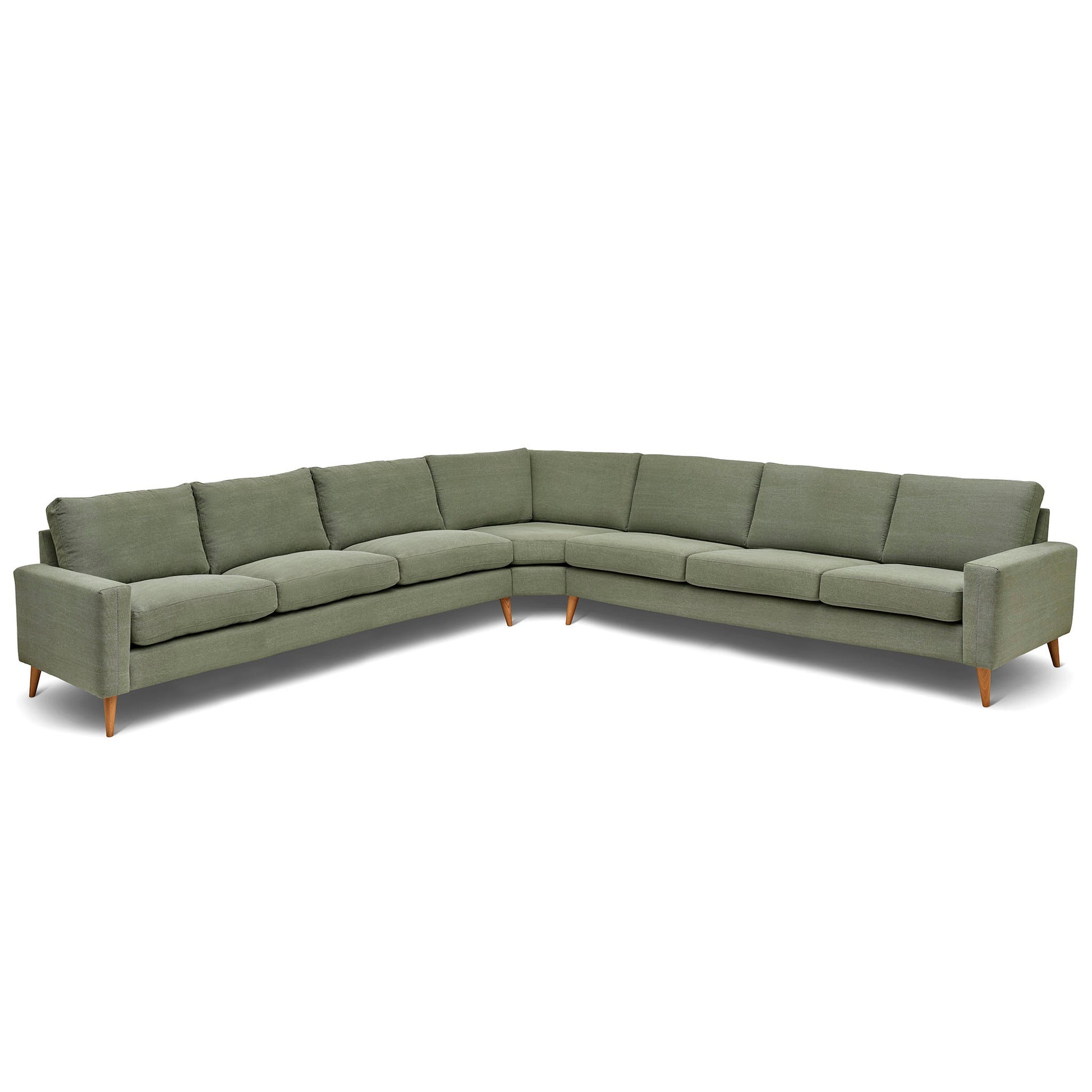 Stor kvadratisk hörnsoffa med måttet 360x360 cm. Sittvänlig soffa för äldre i grågrönt tyg
