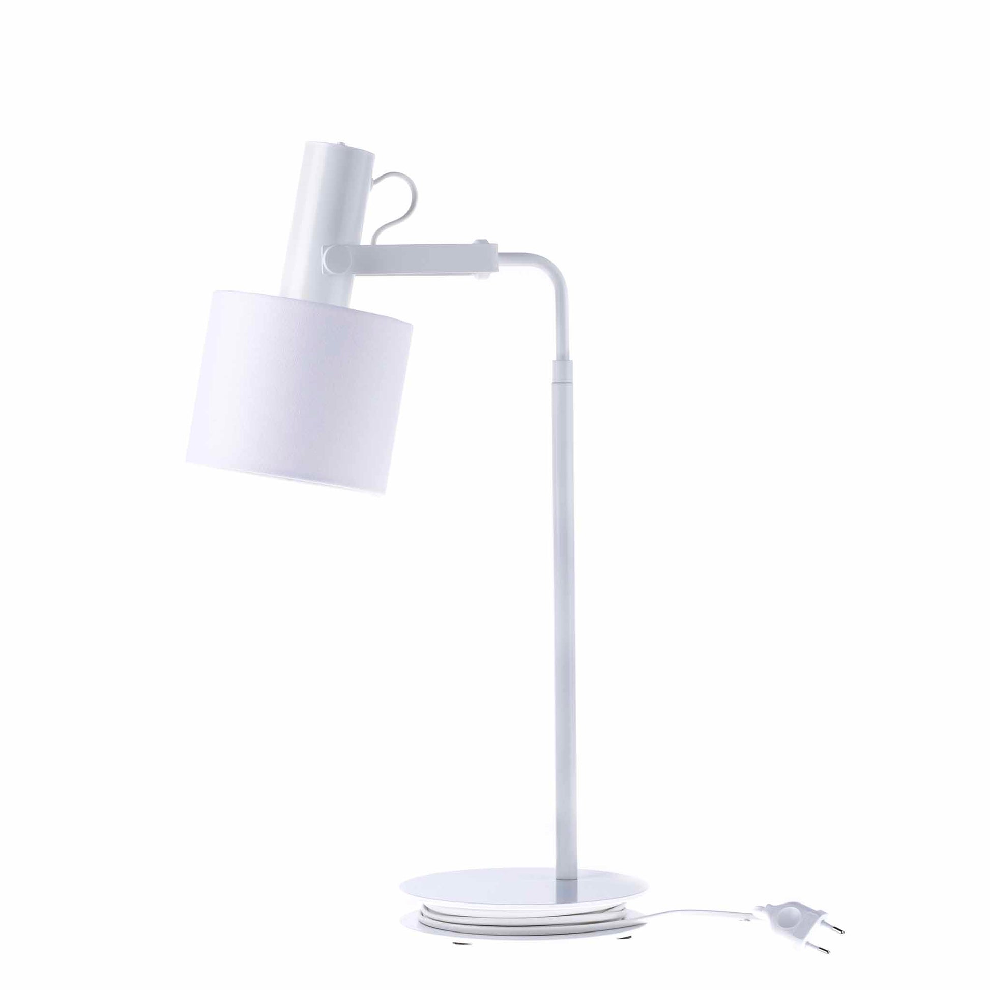 Stilren vit bordslampa med vit lampskärm i bomull