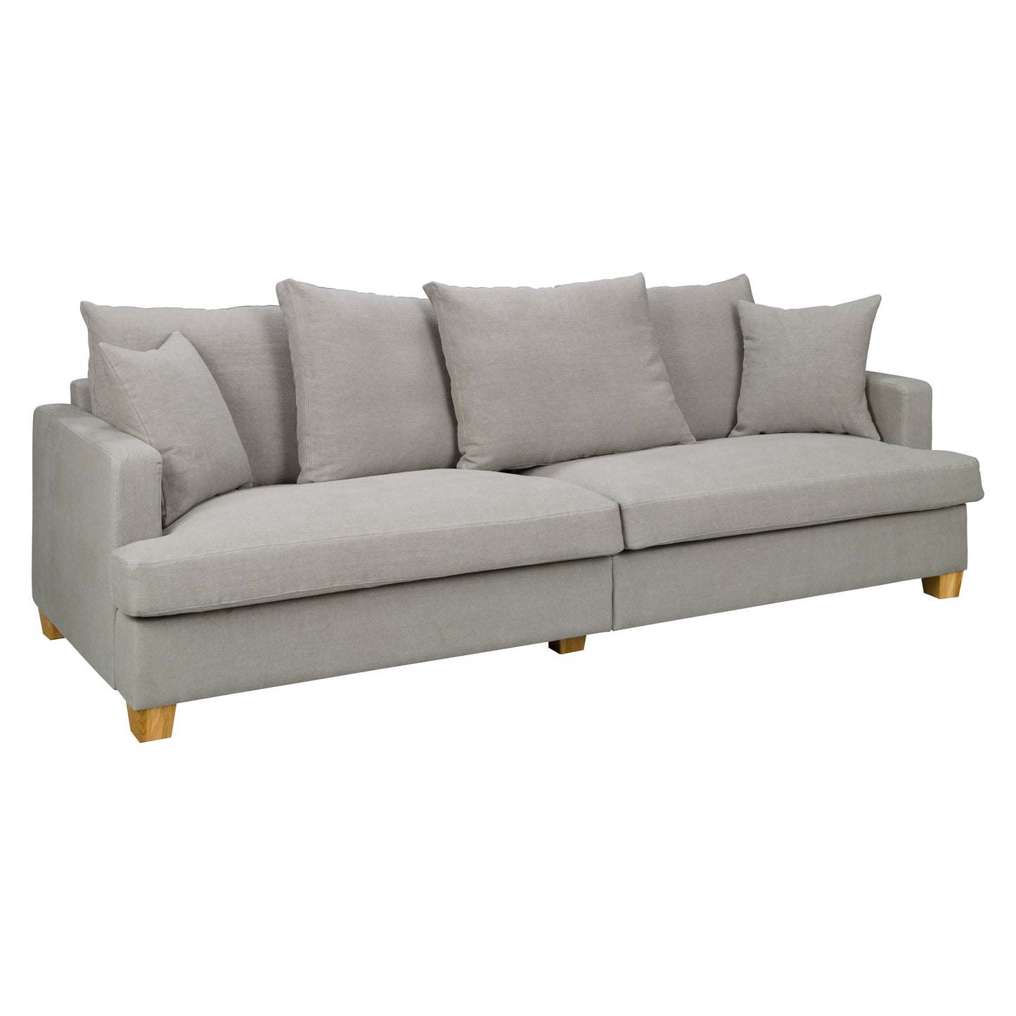 Stor grå soffa i 100% linnetyg som levereras i två delar. Djup sittkomfort.