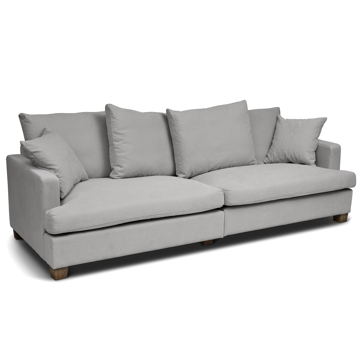 Stor och djup 4-sits soffa i grå bomull/lin tyg.