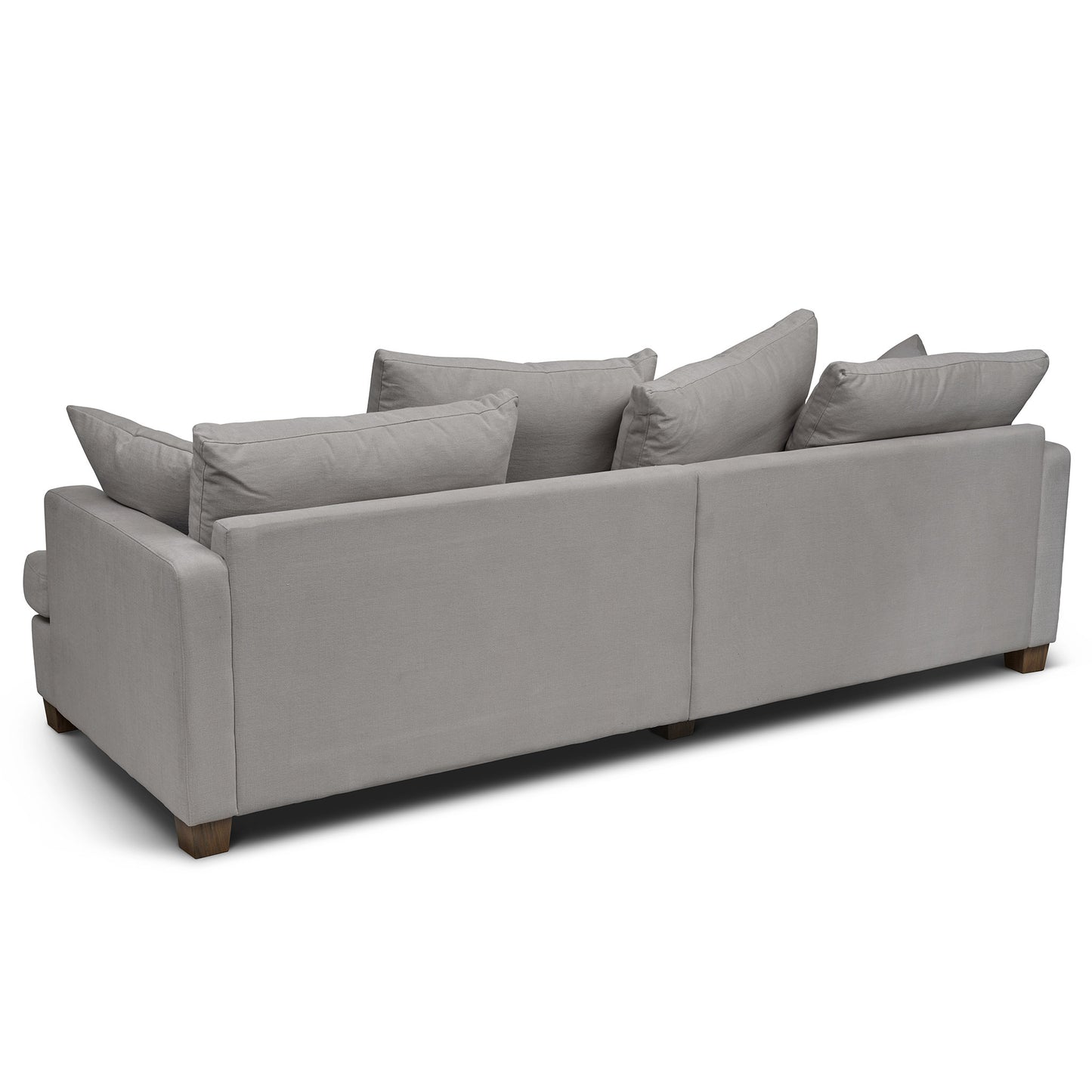 Baksida på en stor och djup grå 4-sits soffa