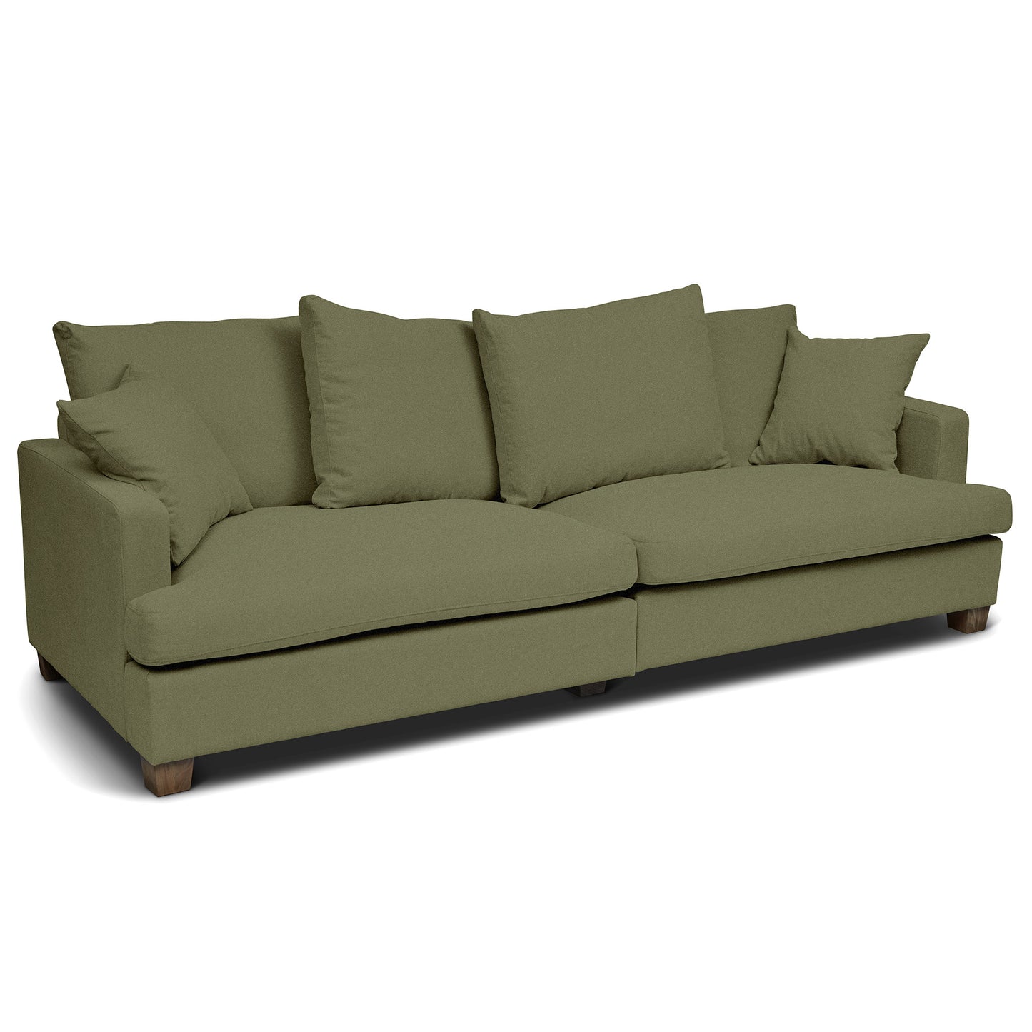Djup 4-sits soffa i grönt linnetyg. Stor soffa som är delad