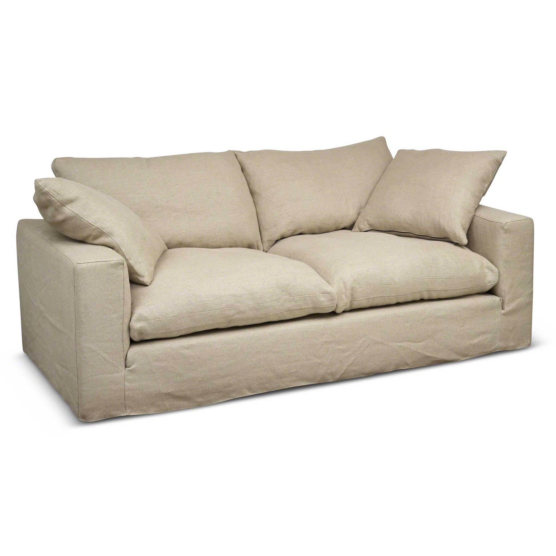 Stor, djup och pösig 3-sits soffa med löst överdrag i beige linnetyg