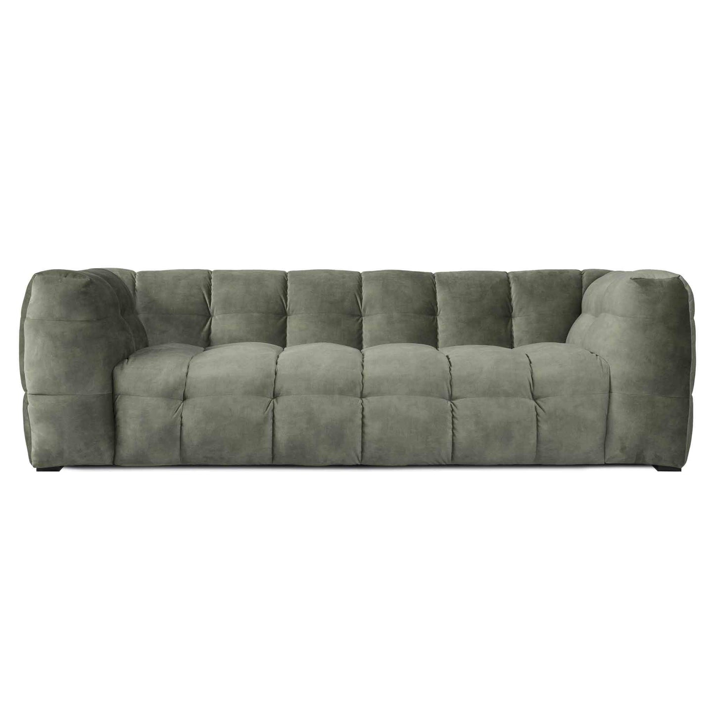 Stor 3-sits djup design sammets soffa i grön sammet. Bubbligt möbelformspråk.