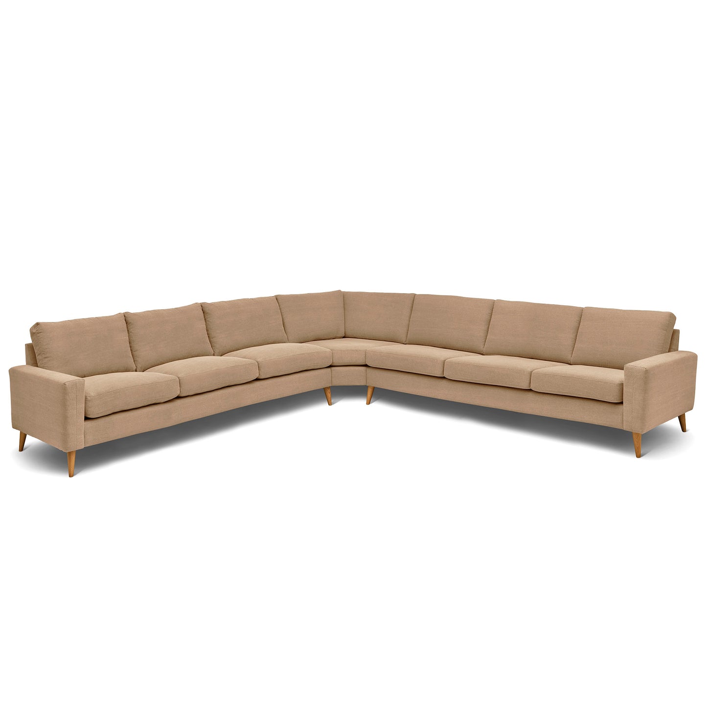 Stor kvadratisk hörnsoffa med måttet 360x360 cm. Sittvänlig soffa för äldre i beige tyg