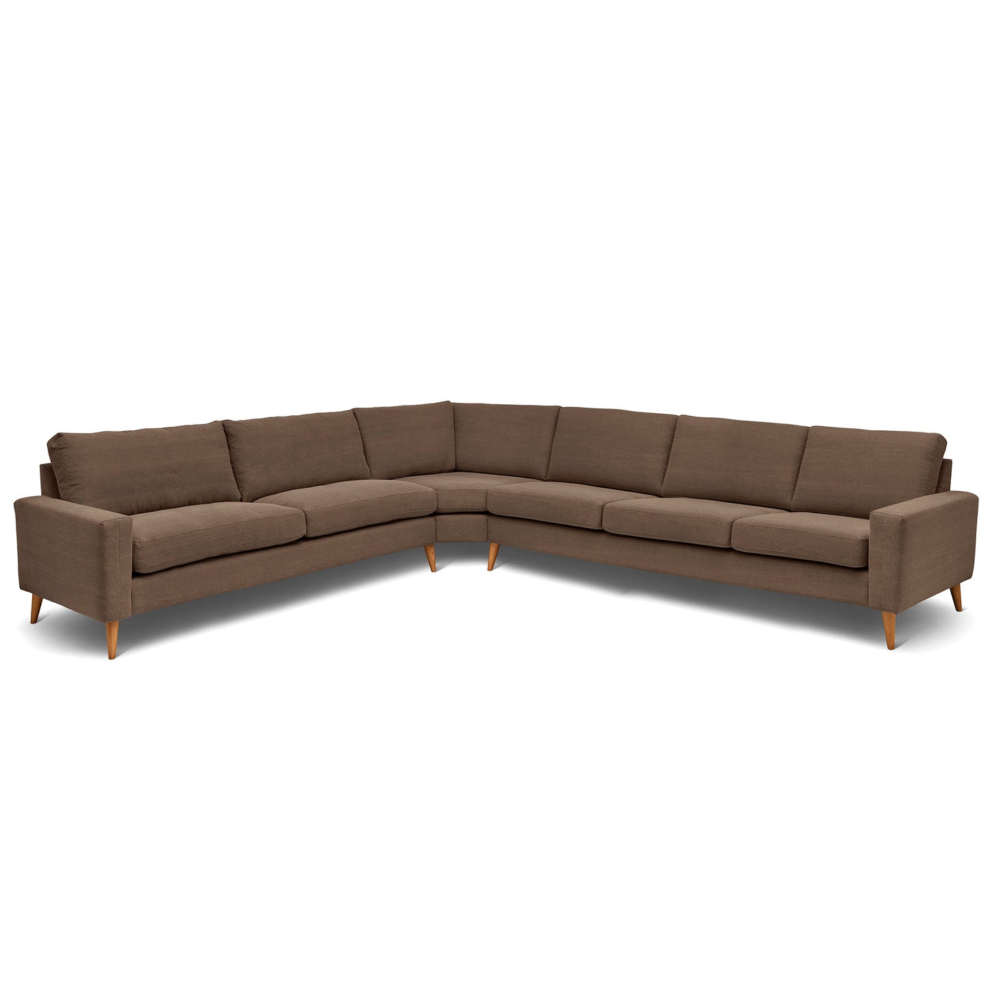 Stor rektangulär hörnsoffa med måttet 321x360 cm. Sittvänlig soffa för äldre i brunt tyg
