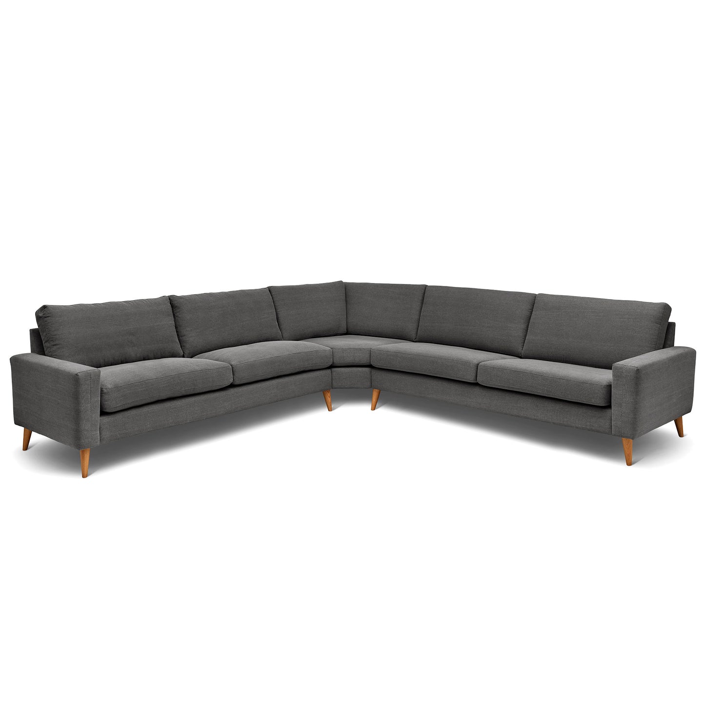 Stor kvadratisk hörnsoffa med måttet 321x321 cm. Sittvänlig soffa för äldre i grått tyg