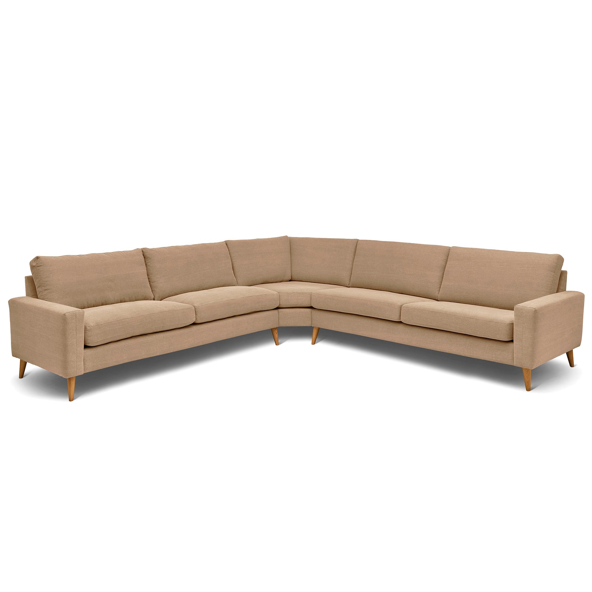 Stor kvadratisk hörnsoffa med måttet 321x321 cm. Sittvänlig soffa för äldre i beige tyg