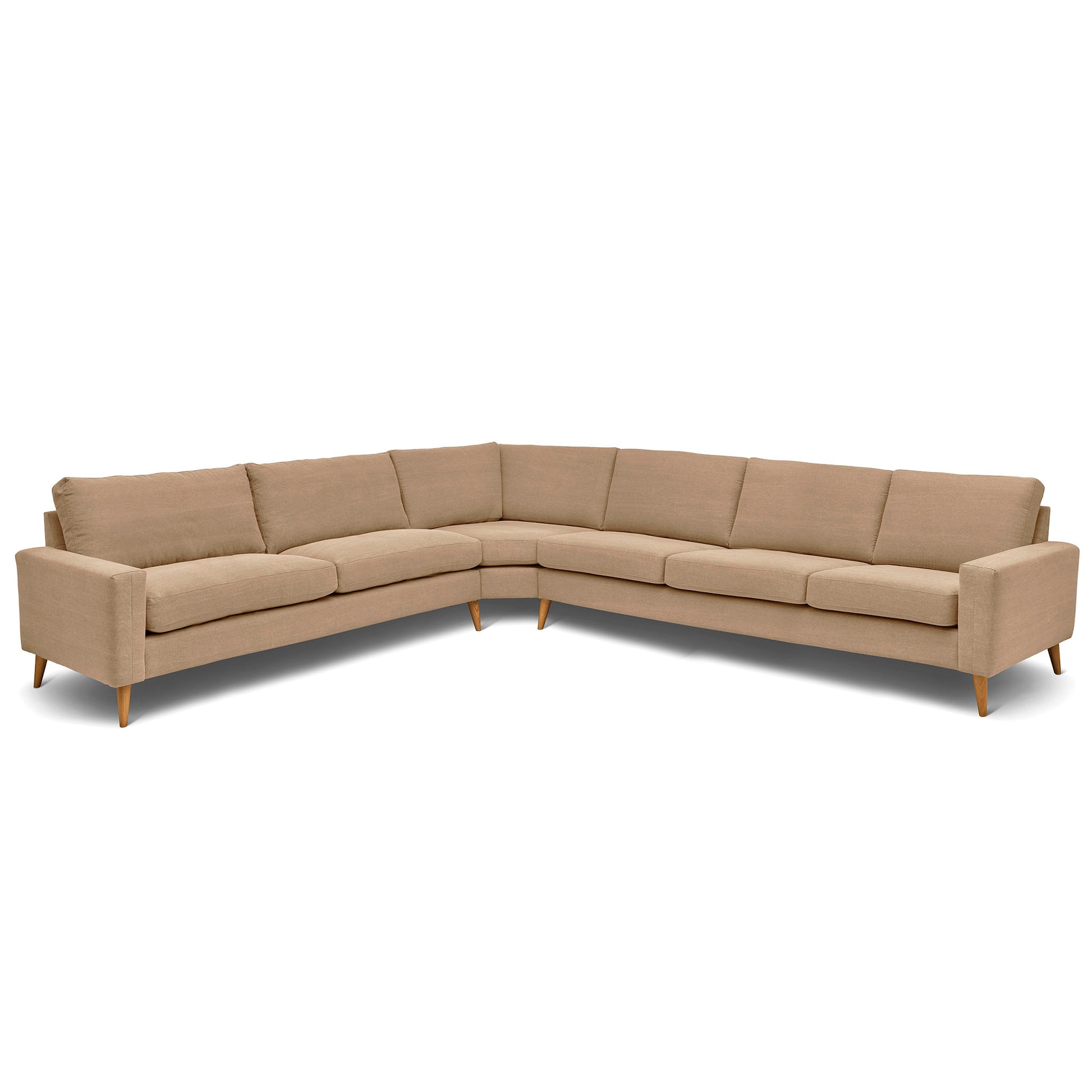 Stor rektangulär hörnsoffa med måttet 321x360 cm. Sittvänlig soffa för äldre i beige tyg