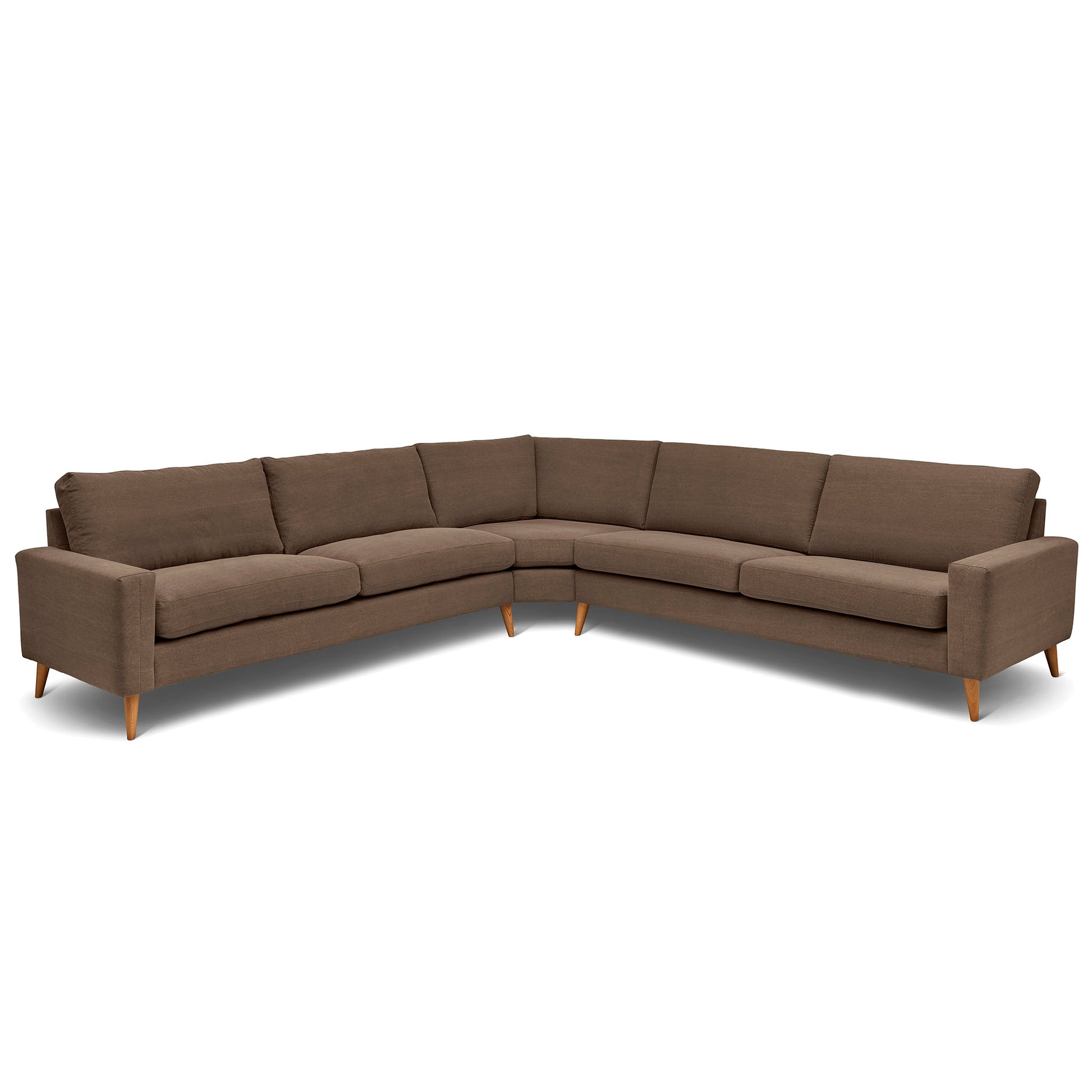 Stor kvadratisk hörnsoffa med måttet 321x321 cm. Sittvänlig soffa för äldre i brunt tyg