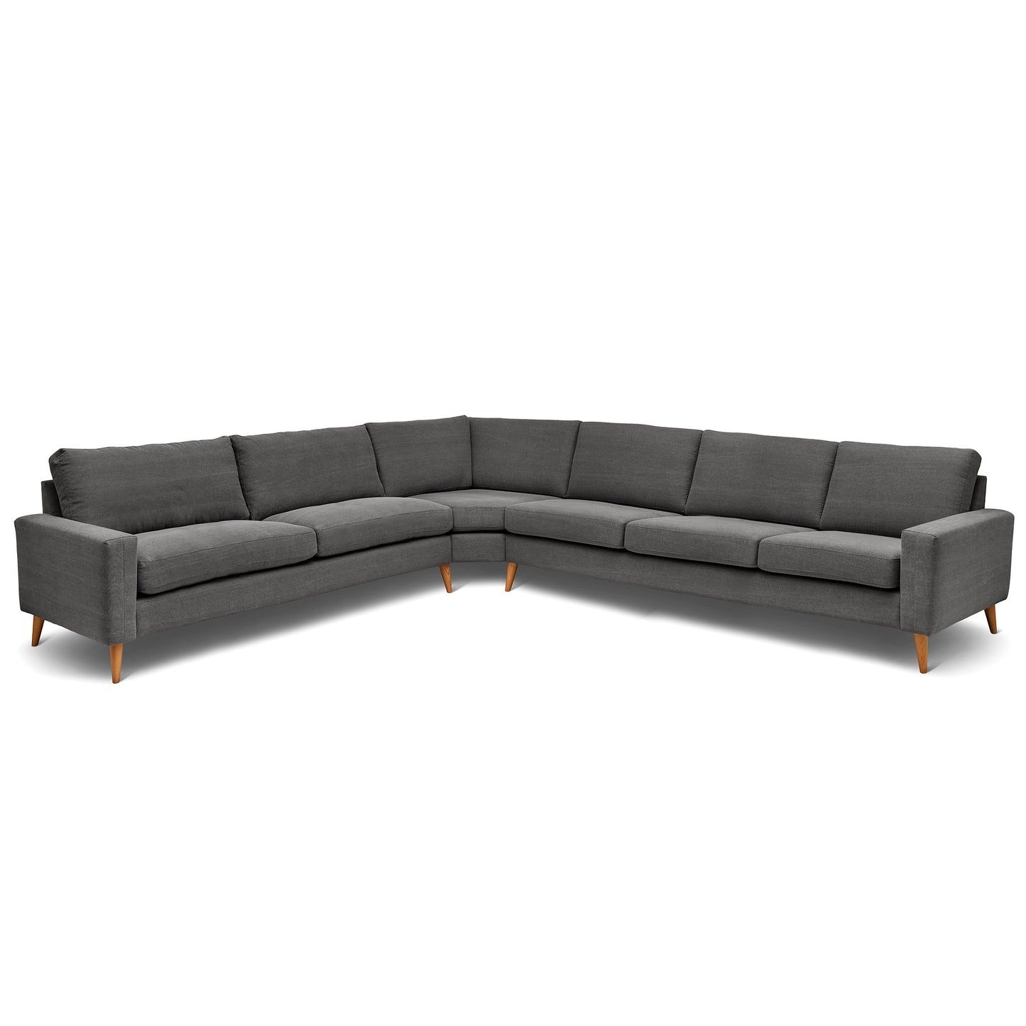 Stor rektangulär hörnsoffa med måttet 321x360 cm. Sittvänlig soffa för äldre i grått tyg