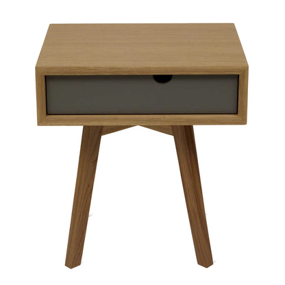 Elegant konsolbord med grå lådfront och höga, snygga träben.