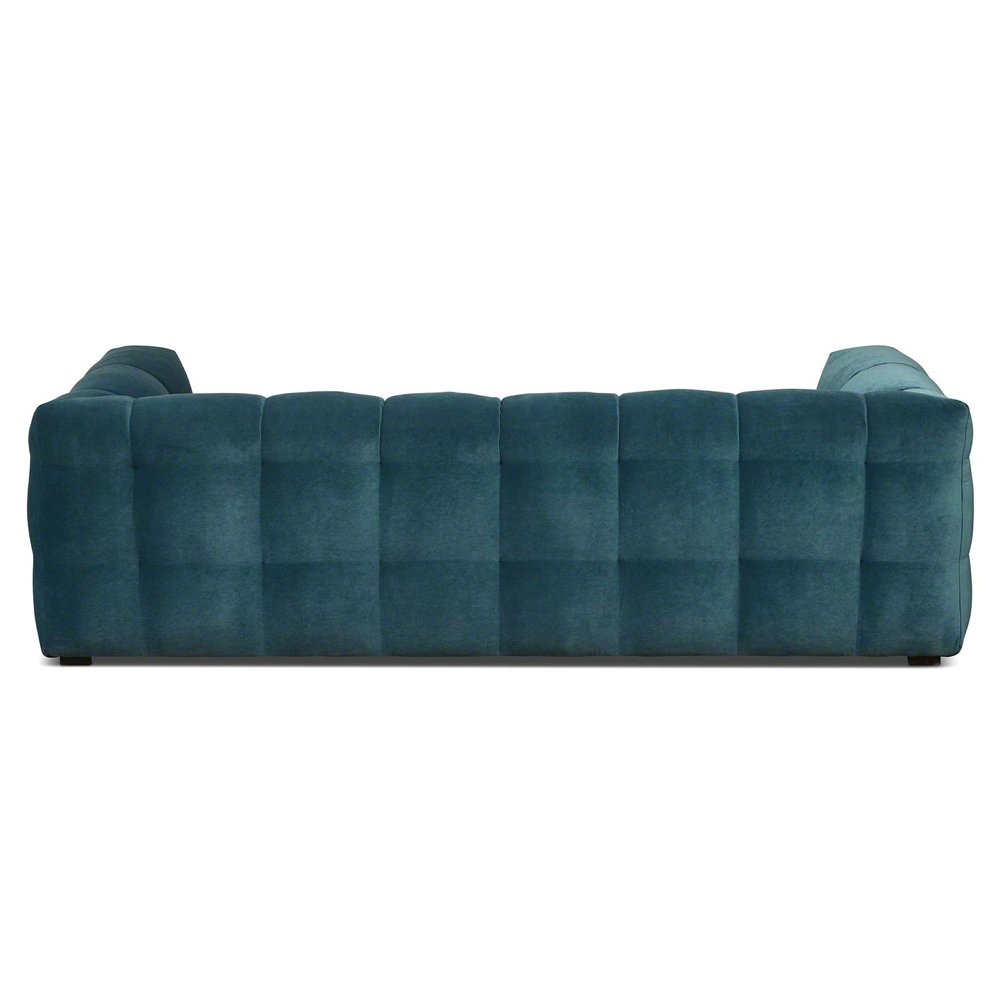 Baksidan på en 3-sits djup design sammets soffa i petroleumblå sammet. Bubbligt möbelformspråk.