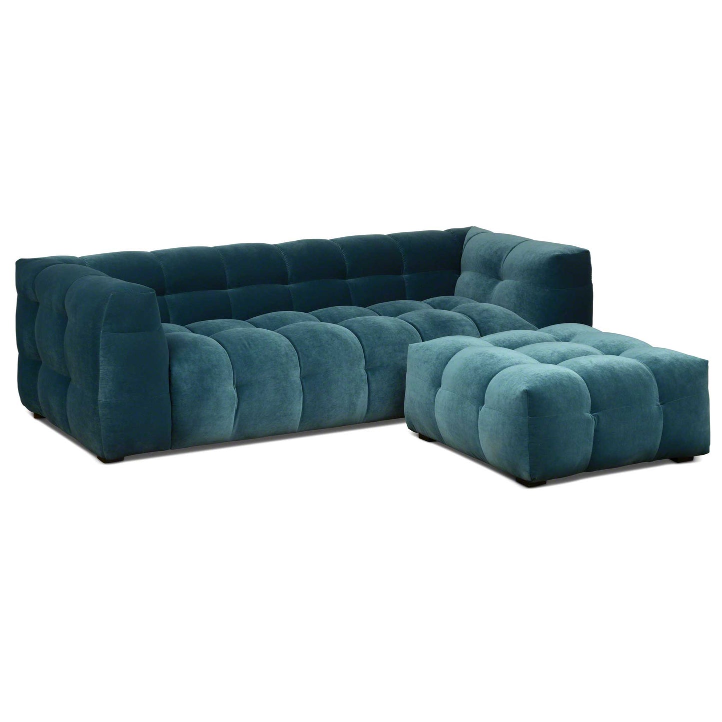 3-sits design soffa i petroleumblå sammet med tillförande fotpall i sammet